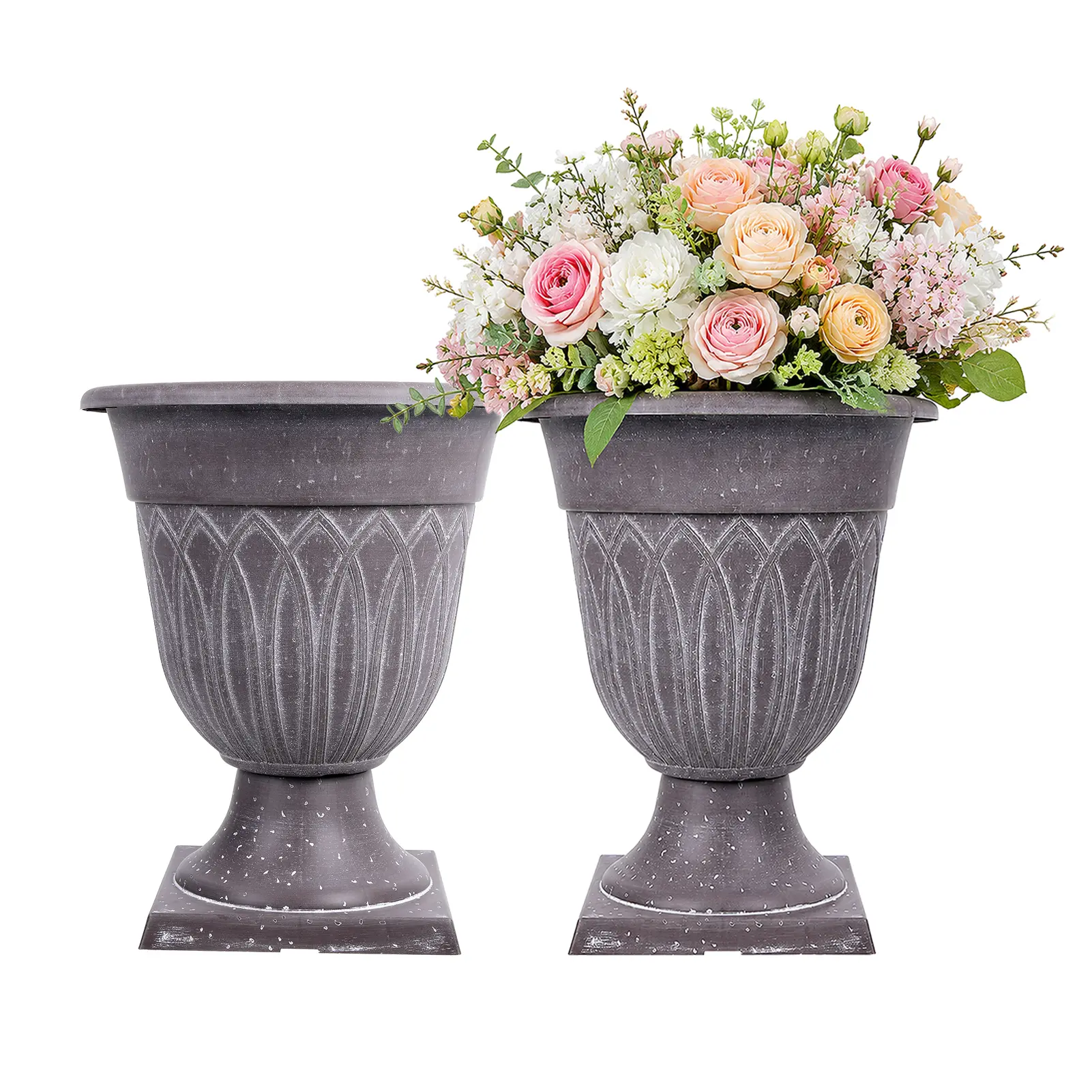 2/4 Pack 15.3'' Tall Garden Urn Planters, Round Classic Resin Flower Pot, Traditional Front Porch Decorative Indoor & Outdoor Pot for Porch, Home, Garden, Wedding, Party, Event