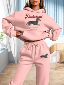 Dachshund Theme Hoodie Set, Fall & Winter Casual Fitted Graphic Sweatshirt, Cute Cartoon Design, Daily Wear