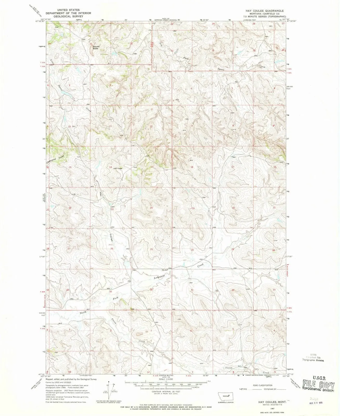 Hay Coulee Montana USGS Topographic Quadrangle Map, 1967, 1:24000