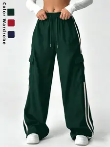Four-Season High-Waisted Casual Women's Pants, Colorblock Straight Leg, Loose Fit, Pockets, Versatile Workwear Sports Long Pants, Fashion