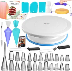 Bakeware 64PC Cake Decorating Kit with Stand, Leveler, 24 Piping Tips, Spatulas & Scrapers, Includes Booklet for Easy Baking and Decorating