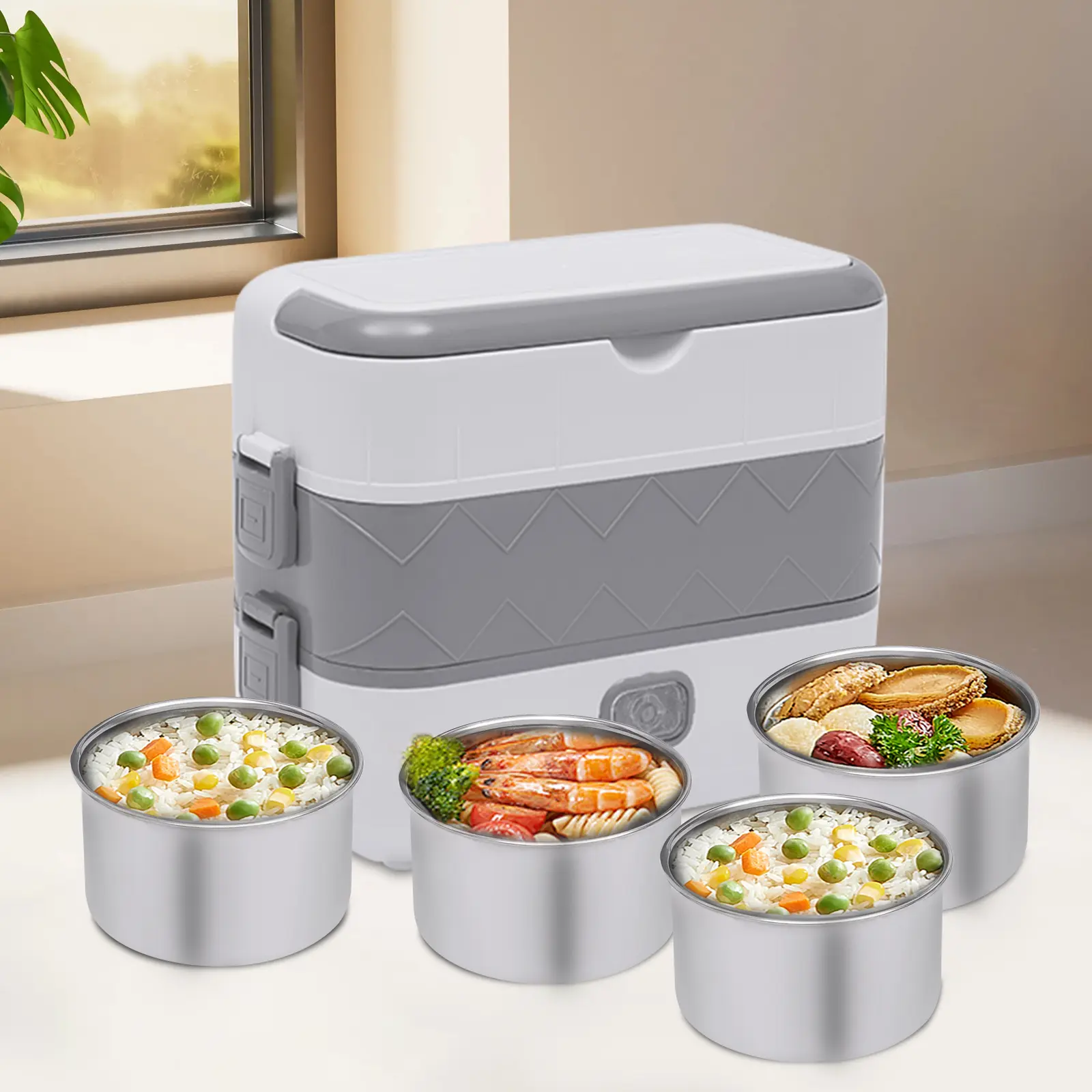 BPA-Free Portable Electric Lunch Box with Self-Cooking Function, 2L Capacity, 2-Layer 4-Stainless Steel Steamer, Removable Liner, Latch, 110V 200W Mini Rice Cooker for Home & Office, Geometric Kitchenware