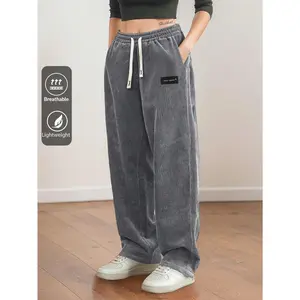 Women's Corduroy Straight Leg Pants - Drawstring Elastic Waist, Suitable for Casual, Hiking Wear, All Seasons, Spring/Autumn, US Direct Shipping