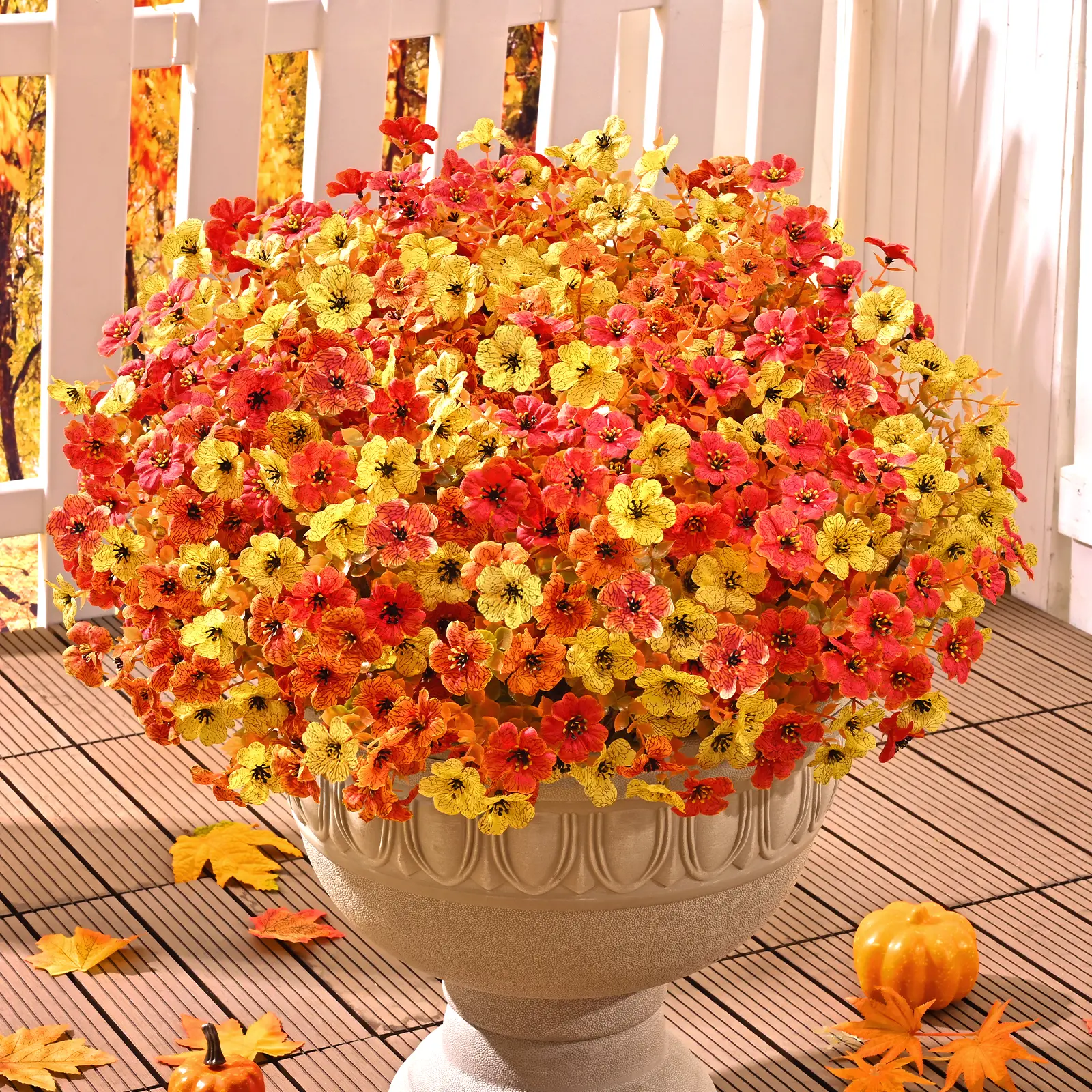 Colorful Plastic Faux Daisy Flowers with Eucalyptus Leaves - UV-Resistant, Durable Floral Decor, 12/24/36 Multiple Packs, Outdoor Décor for Fall Garden, Patio Balcony Home