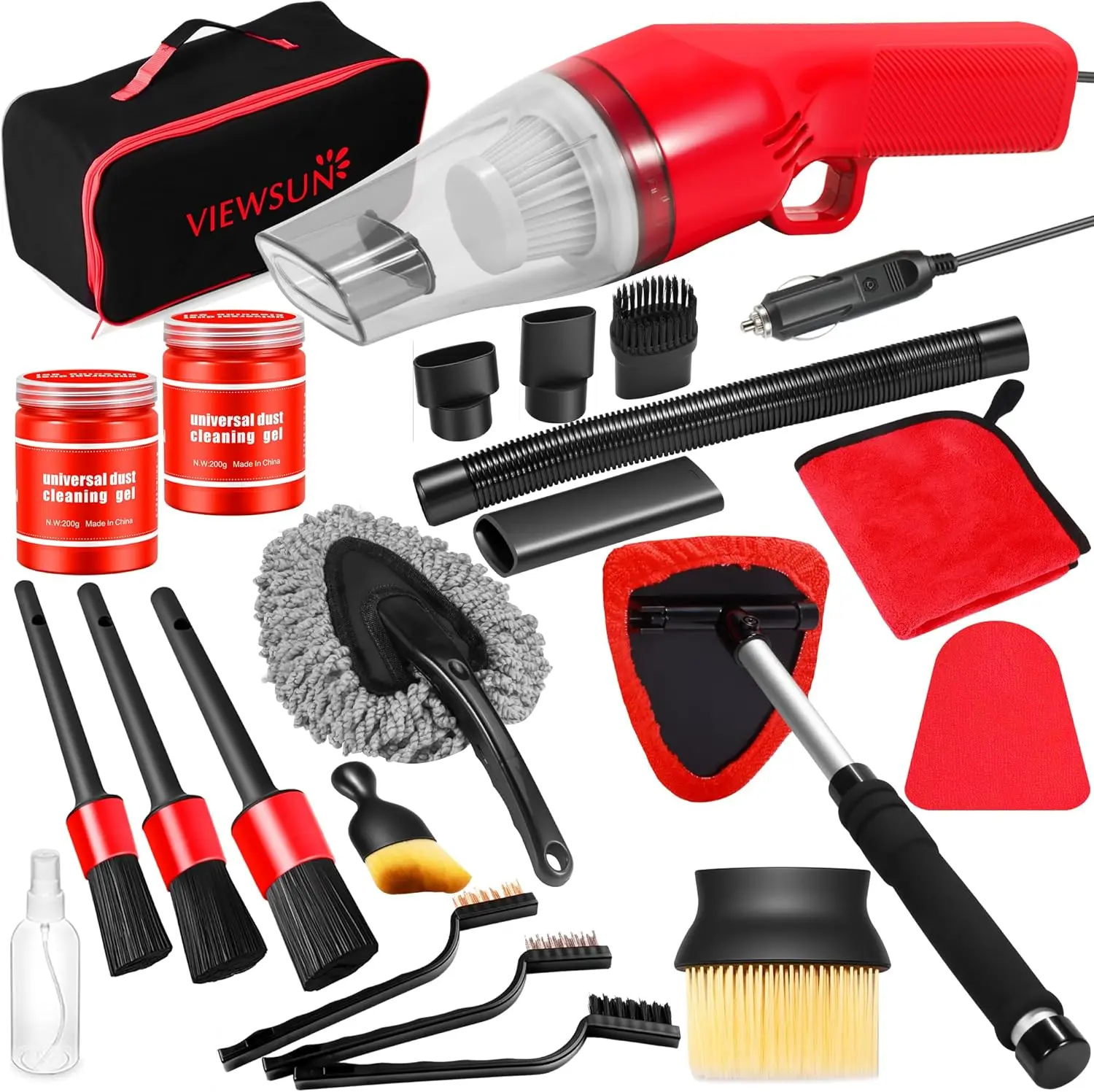 【TikTokShopBackToSchool】Viewsun 17PCS Car Cleaning Kit, Car Interior Detailing Kit with Red High Power Handheld Vacuum, Detailing Brush Set, Windshield Cleaner, Cleaning Gel, Complete Auto Accessories for Women，Summervibes