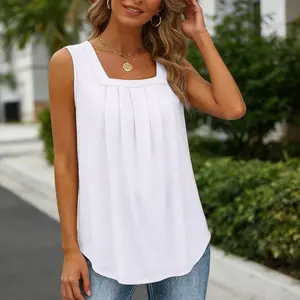 2026 new pleated square neck sleeveless tailcoat vest T-shirt for women Casual Elegance