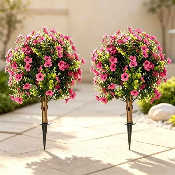 2-Pack 22.8in Artificial Flower Topiary Trees, No-Maintenance UV-Resistant Faux Flower Shrubs with Ground Stake for Porch, Garden Home Decor