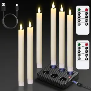 Rechargeable Flameless Taper Candles with Charging Base, 6 Pack LED Candles Battery Operated with Remote Timer, Real Wax Flameless Candlesticks for Halloween Christmas Decorations(Ivory)