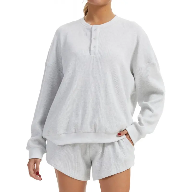 Women's Waffle Knit Loungewear Set - Comfy Lightweight 2-Piece with a Boxy Long Sleeve Henley Top and High-Rise Shorts, Matching, Athletic, Sweatshirt, Cotton, Vibe, Style, Oversized, Day, Everyday, Casual, Elastic