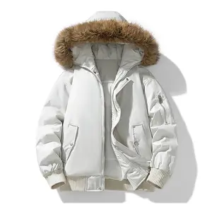 New Solid Color Thick Warm Hooded Collar Men's Cotton Coat - Plain Long Sleeve Stylish Breathable Outdoor Top