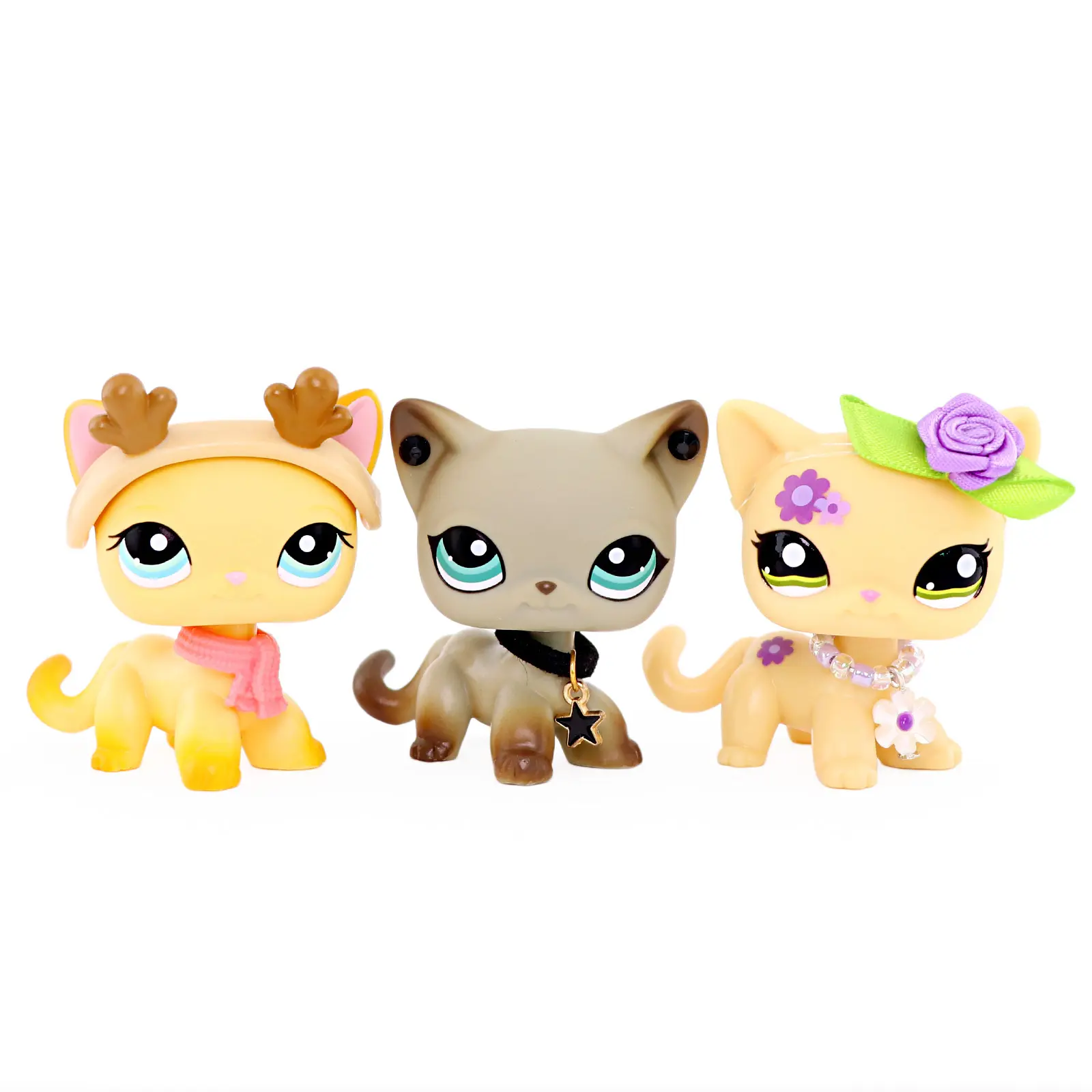 3 Pcs Cute Mini Kitty Figurines Set, Kawaii Cartoon Cat Figures with Antler Headband, Scarf, Star Collar, Flower Bow & Beaded Necklace Accessories, Small Animal Collectible Toy, Cake Topper, Desk Decor, Girls Kids Birthday Gift
