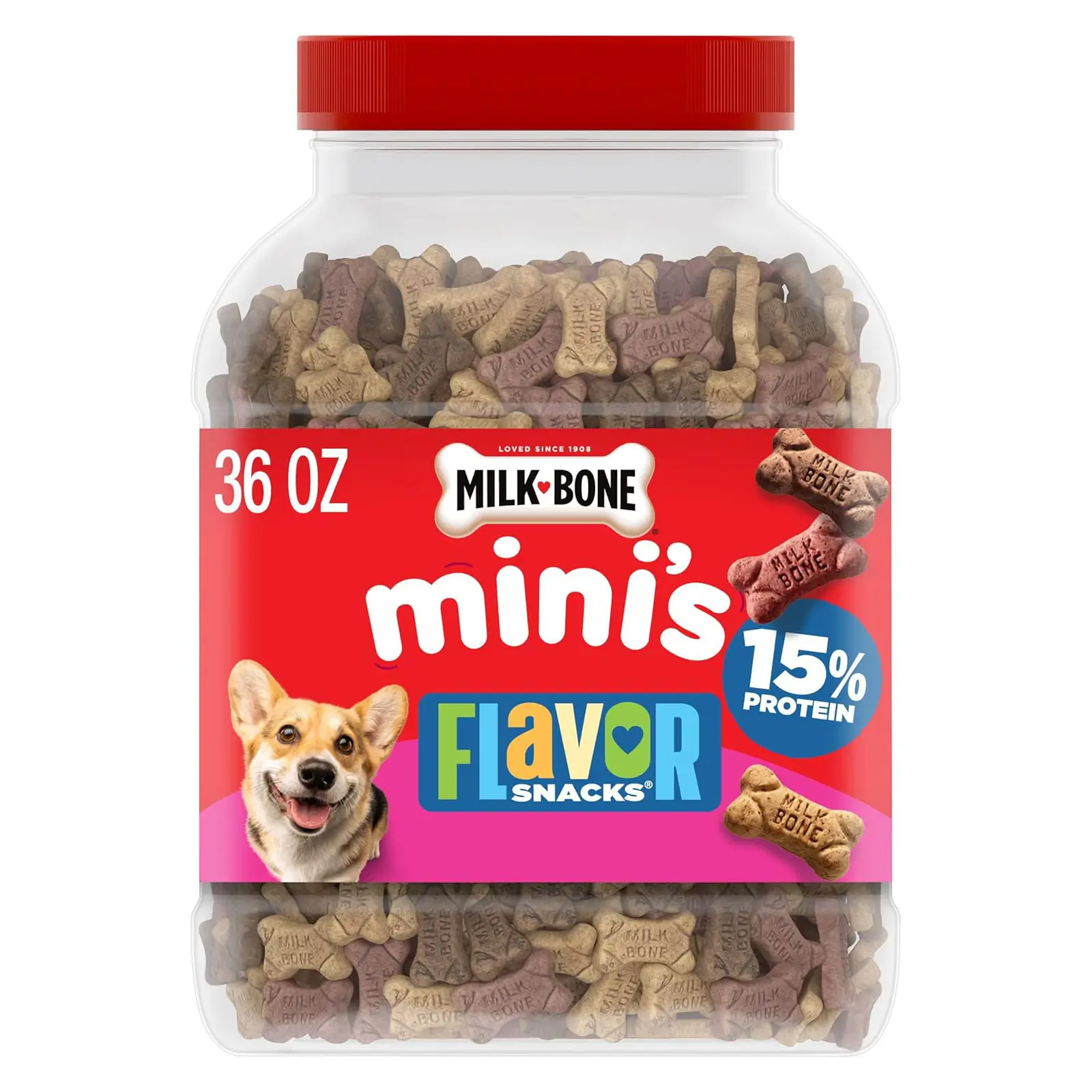 Milk-Bone Flavor Snacks Mini’s Dog Biscuits, Flavored Crunchy Dog Treats, 36 Oz. Canister 5 calories per treat, 15% protein, 3 flavors per canister (beef, chicken & bacon, naturally & artificially flavored)