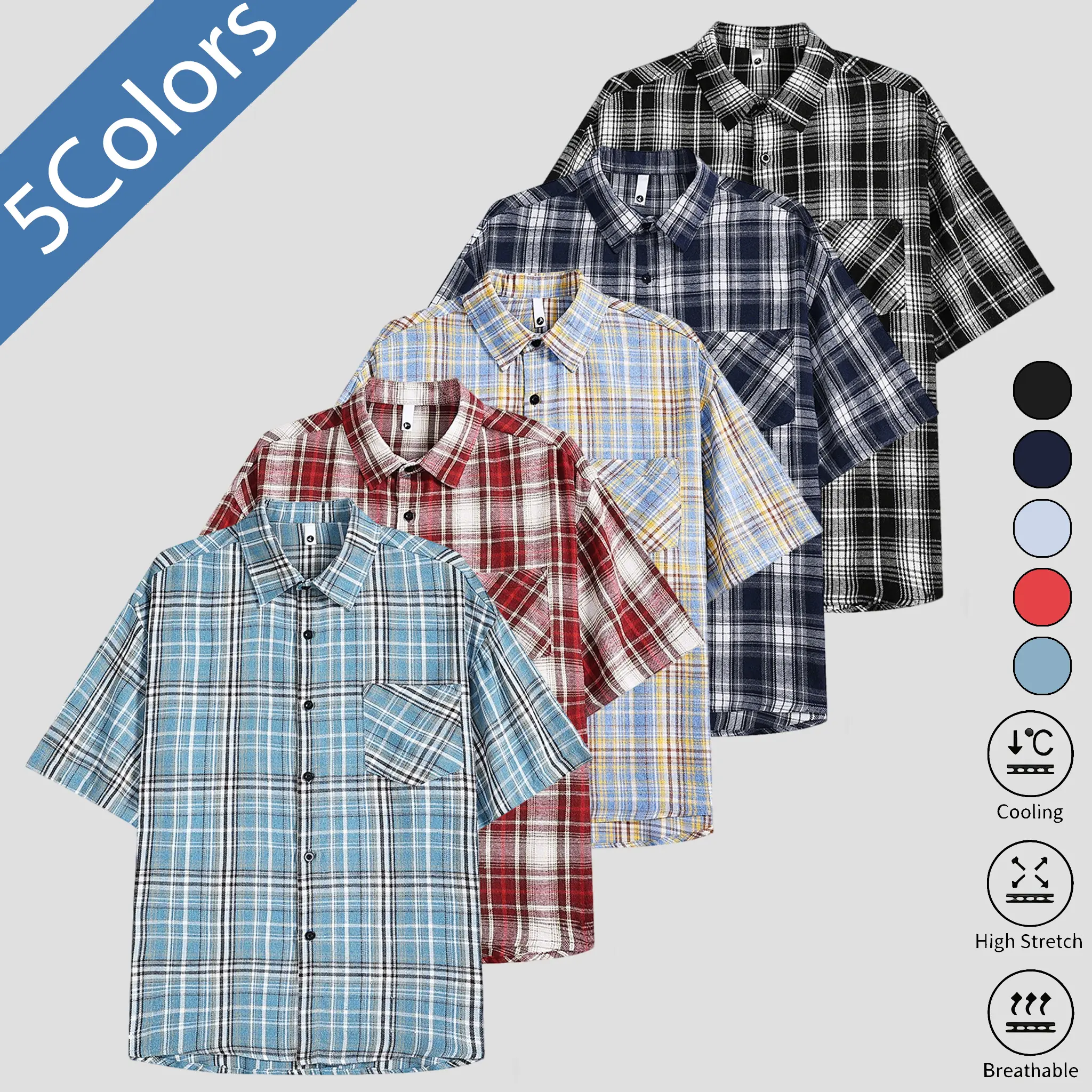 Men's Aesthetic Checked Shortsleeve Tops, Casual Button-Up Polyester Shirt with Lapel and Chest Pocket for Summer, Casual Collared Shirt, Plaid, Trouser, Front Chest Pocket, Menswear, Plaid Shirts