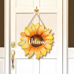 Sunflower Welcome Wood Door Hanger 12 Inch Large Wooden Flower Sign Inspirational Wall Porch Art Summer Fall Front Door Wreath Hanging for Bedroom Living Room Indoor Outdoor Kitchen Home Decor