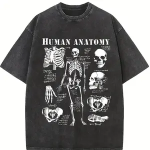 Men's Vintage Washed Anatomy Chart T-Shirt - Human Body Diagram Tee, Soft Breathable Cotton Short Sleeve Crew Neck Shirt for Students, Anatomy Buffs & Daily Wear