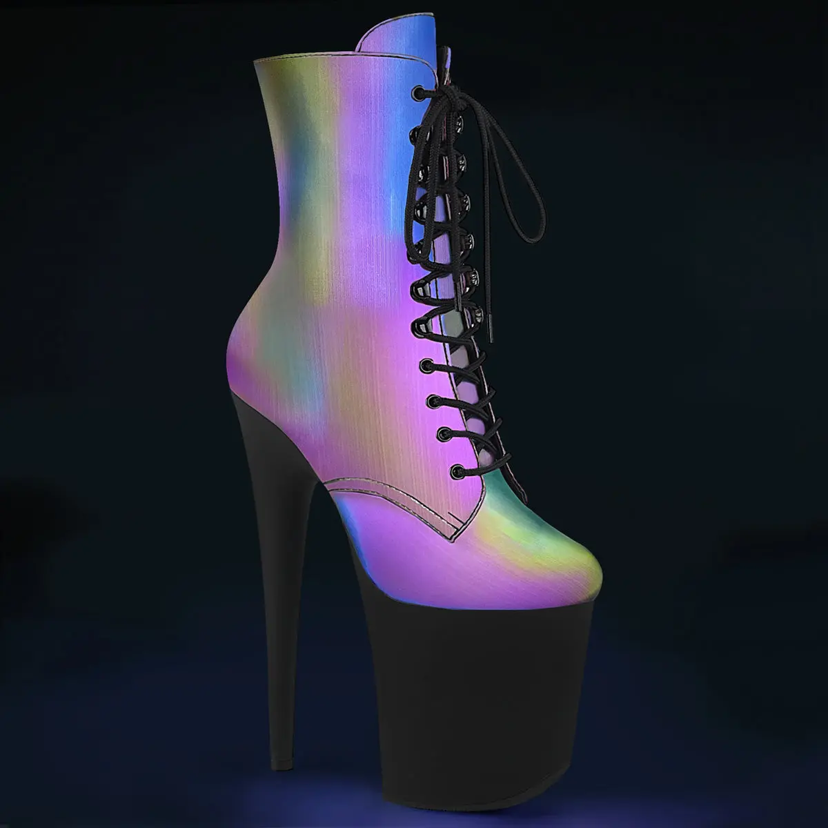 Women's Statement Footwear - Lace-Up Ankle Boots with a Rainbow Reflective Upper, 8-Inch Heel, 4-in Platform and Side Zip Closure