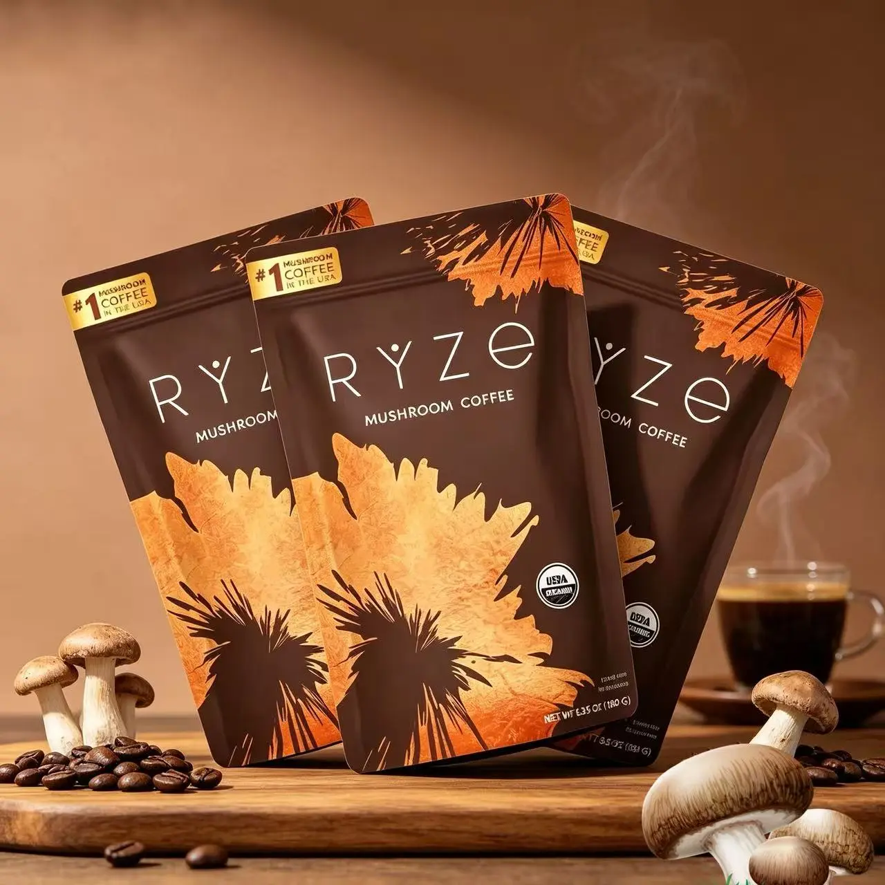 RYZE SUPERFOODS Organic Medium Roast Coffee Powder - USDA Certified, 6 Adaptogenic Fungi, 30 Servings, Health & Wellness Supplement Drink