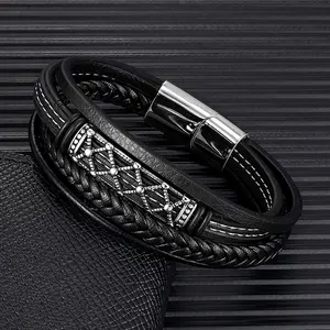 Braided Wrap Multilayer Leather Bracelets for Men Vintage Hollow Pattern Stainless Steel Metal Accessories Wristbands