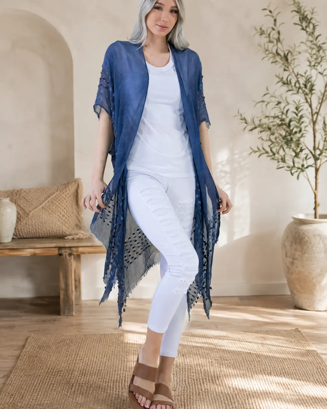 One Size Natural Mineral Washed Semi-Sheer Kimono Cover-up Chenille Detail, Boho Fashion Half Sleeve Open Front Outerwear for Summer, Women's Clothes for Daily Wear Outfits Elegant Womenswear Green