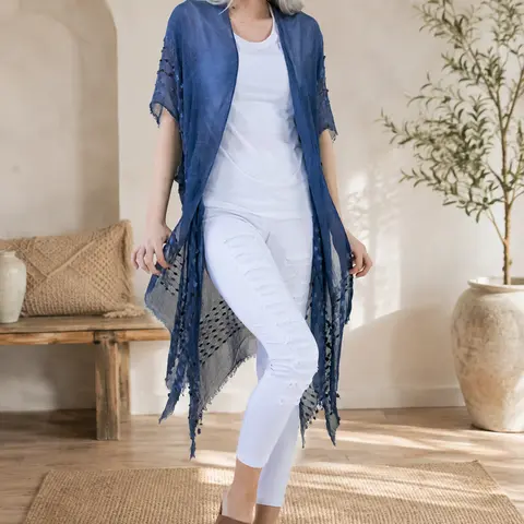 Women's One Size Acrylic Natural Mineral Washed Sheer Woven Bohemian Style Kimono Cover-up - Chenille Detail, Elbow-Length Sleeves, Open Front, Flowy & Feminine, Elegant, Cold Wash, Summer Beachwear Daily Outings Outerwear, Green