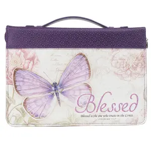 Blessed Purple Butterfly Blessings Faux Leather Fashion Bible Cover - Jeremiah 17:7 (Extra Large)
