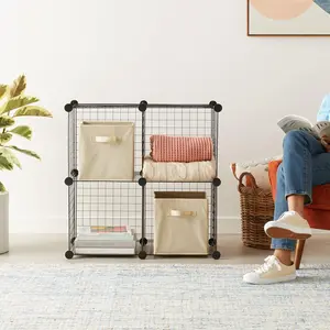 4 Cube Storage Organizer - Wire Grid Closet and Shelves, Stackable, Black 14"x14"x14" Plastic Racks Steel