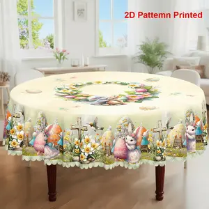 1pc, Easter Themed Party Tablecloth, Spring Summer Buffalo Check Rabbit Colored Eggs Cross Wreath Floral Printed Design, Rectangular/Round/Oval Table Cloth, Embossed Edge, Suitable For Indoor Outdoor Dining Picnic Dinner Dining Room Decoration