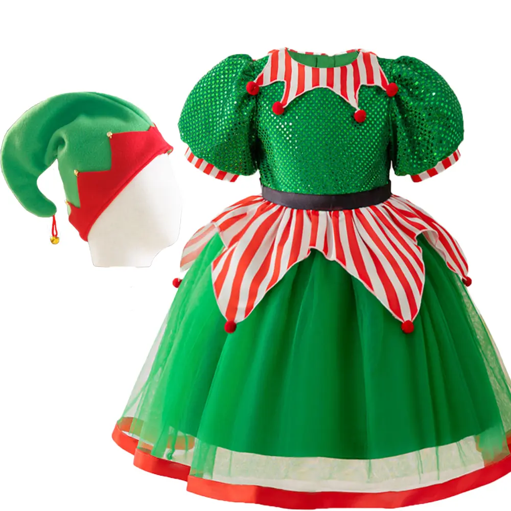 Girls' Christmas Clown Costume Set - 4y,5y,65cm Short-Sleeved Sequined Green Elf Princess Dress with Hat for Performance Cosplay, Elf Cosplay