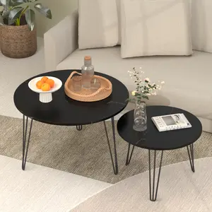 Round Black Nesting Coffee Tables, MDF Faux Marble Tabletop with Sturdy Metal Frame, Stable Anti-Wobble Side Table with Round Corner, Multi-Purpose Stackable Accent Table for Living Room Office Small Spaces