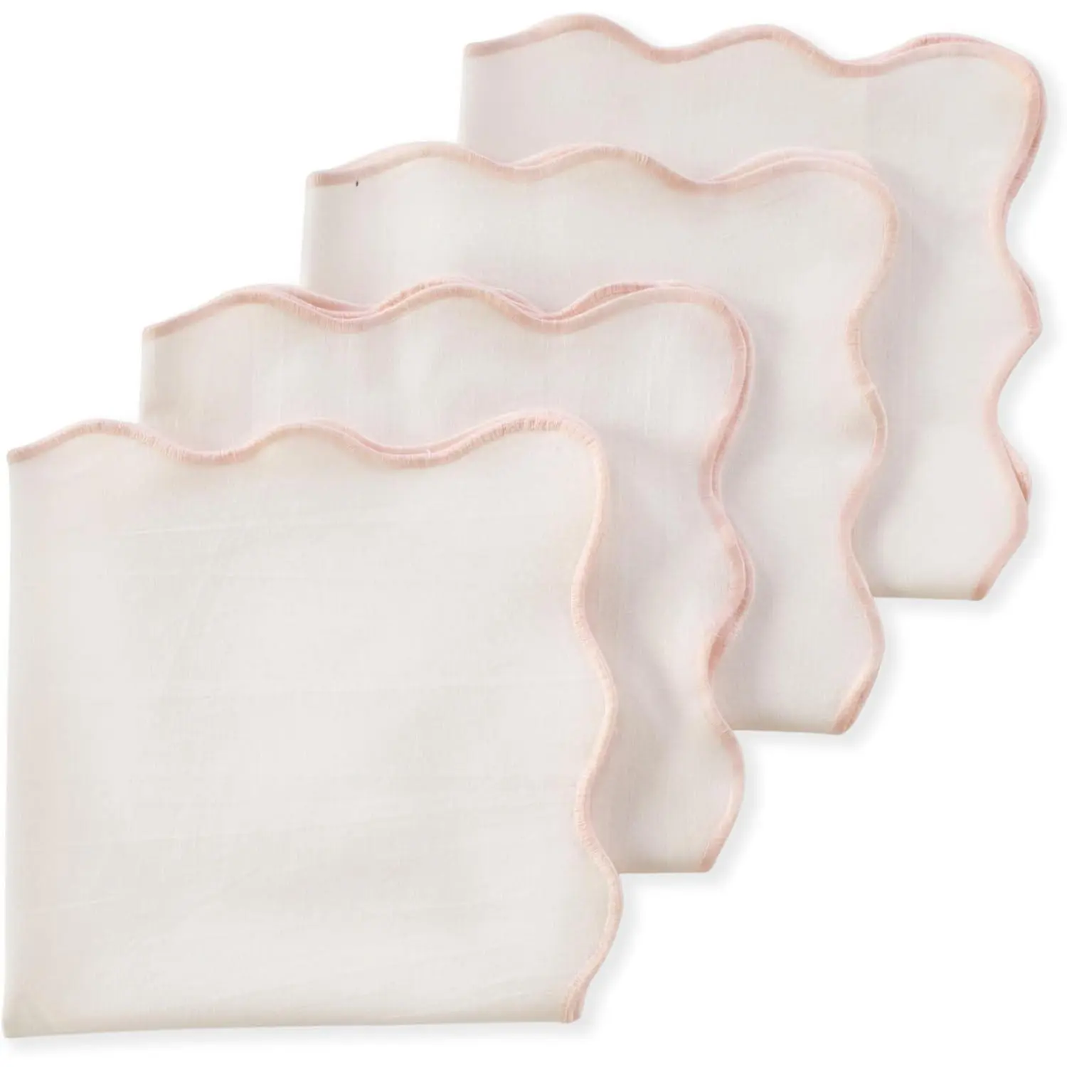 18x18 in Square Scalloped Cloth Napkins Set, 4-Pack 100% Cotton Soft Dinner Tableware with Embroidered Wavy Edges, Washable Reusable White with Pink Trim for Dining, Weddings