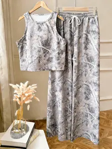 Women's Camo Print Loose-Fitting Long Pants & Crop Top Set, Comfortable Casual Fashion Design, Daily Wear Two-Piece, Camouflage