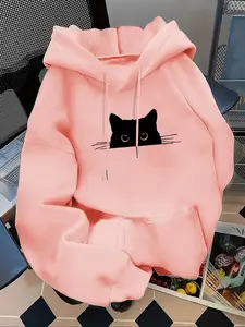 Women's Casual Fashion Loose Fit Hoodie with Cat Print, Fall & Winter Wear, Stylish and Versatile Sweatshirt, Graphic Hoodies