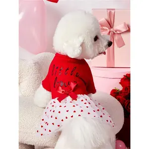 1pc Pet Valentine's Day Red Knitted English Print & Heart Patchwork Flocked Mesh Bow Cute Dog Dress