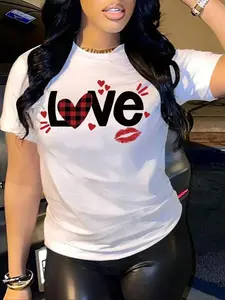 Women's Heart & Lip & Letter Print Round Neck Tee, Casual Short Sleeve Crew Neck T-shirt for Summer, Fashion Women's Top for Daily Wear