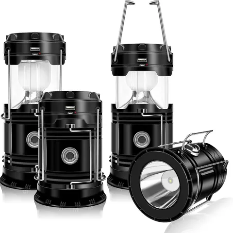 4-Pack Solar Camping Lanterns - USB Rechargeable Lighting, Magnetic Base, Foldable Hanging Hook, Collapsible Portable Pocket Light, Power Bank Mode, 360° Coverage, Lightweight & Portable - Ideal for Emergency, Outdoor Hiking, Power Outages - Gift Set