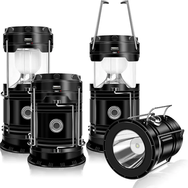 4-Pack Solar Camping Lanterns - USB Rechargeable Lighting, Magnetic Base, Foldable Hanging Hook, Collapsible Portable Pocket Light, Power Bank Mode, 360° Coverage, Lightweight & Portable - Ideal for Emergency, Outdoor Hiking, Power Outages - Gift Set