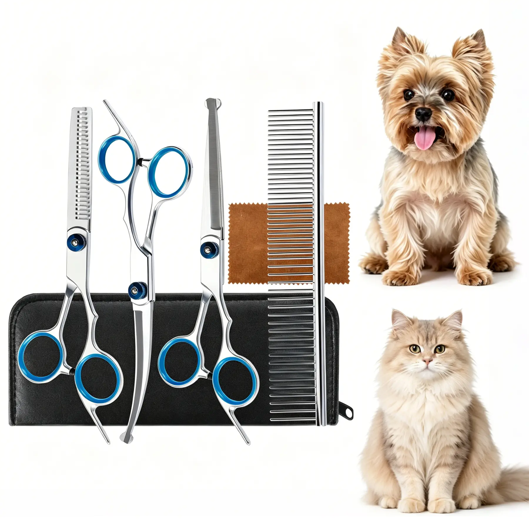 5 in 1 Premium Dog Grooming Scissors, Professional Dog Scissors for Grooming with Safety Round Tips, Stainless Steel Thinning Shears, Pet Cat Shears for Grooming Kit Sharp Durable Groomer Tools for Dogs & Cats, Grooming Supplies