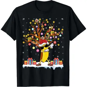 Banana Xmas Lighting Tree Santa Banana Christmas Tree T-Shirt, 100% Cotton, Single Side Printed, Black Short Sleeve T-shirt, 1 pc, Christmas Halloween Thanksgiving Gift