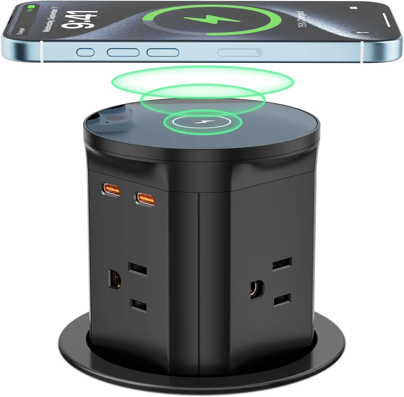 Pop Up Countertop Outlet with PD 20W USB-C, 15W  Charger, Pop Up Electrical Outlet with 4 Outlets 3 USB Ports, 3 3/8" Hole Desktop Power Grommet for Home Office (Black)