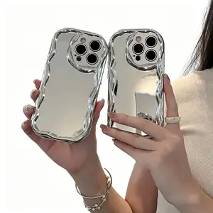 Luxury Wavy Edge Mirror iPhone Case for iPhone X/XS/11-17 Pro Max Plus Air, Soft TPU Electroplated Glossy Protective Cover, Full Camera Protection, Slim Fit Shockproof Phone Case for Women Perfect Gift for Her