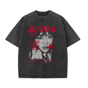 Vintage Washed Black Unisex T-Shirt – Retro Anime Girl & Japanese Text Graphic, Oversized Fit for Outdoor Streetwear & Edgy Aesthetic