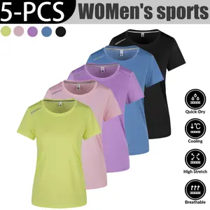 5PCS-2026 Summer New Women's T-Shirt, Popular Summer Multi-Color Round Neck Short Sleeve Women's T-Shirt, Direct Cross-Border Supply, Outdoor Sports Quick-Dry Ice Silk Short Sleeve Outdoor Casual T-Shirt