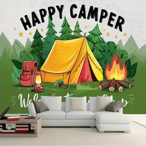Happy Camper" Themed Party Backdrop - Polyester, Multicolor Forest Campfire and Tent Design with "Welcome to Our Camp" Banner - Ideal for Indoor/Outdoor Family Gatherings, Camping Birthday Decorations, Camping Decorations