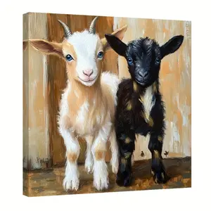 2D Elegant Goat and Lamb Canvas Wall Art - Wooden Frame Animal Print Poster, Featuring Cute Brown and White Goats, Perfect for Home, Kitchen, Bathroom, or Laundry Room Decoration, Kitchen Wall Art |   Fun Animal Design |   Durable canvas material, goat de