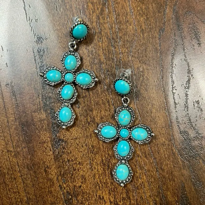Western Turquoise Cross Dangle Earrings – Vintage Style Statement Jewelry