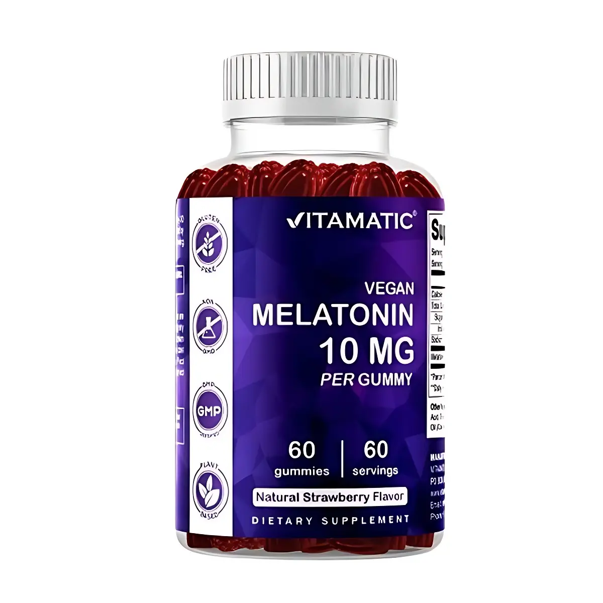 Vitamatic Chewable Melatonin Dietary Supplement - 10mg per Gummy, 60 Vegetarian Gummies (60 Servings), Natural Blackberry Flavor, Non-Habit Forming, Vegan, Gluten-Free, Healthcare Support