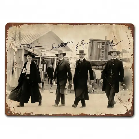 Artistic Vintage Sepia Tombstone Cowboy Crew Photo Printed Replica Signature Aluminium Tin Sign, Distressed Rustic Western Wall Plaque Collectibles for Man Cave Garage Decoration