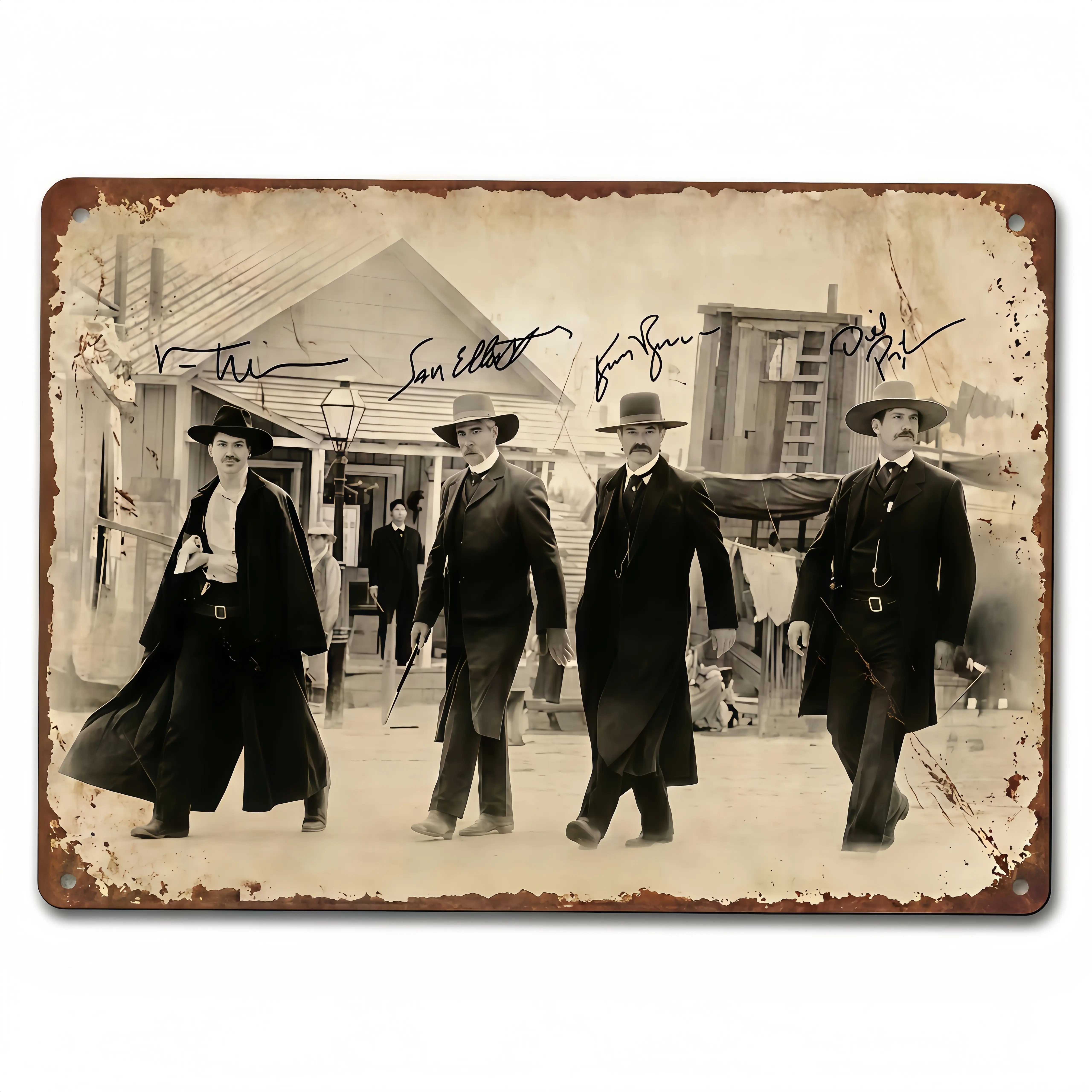 Artistic Vintage Sepia Tombstone Cowboy Crew Photo Printed Replica Signature Aluminium Tin Sign, Distressed Rustic Western Wall Plaque Collectibles for Man Cave Garage Decoration