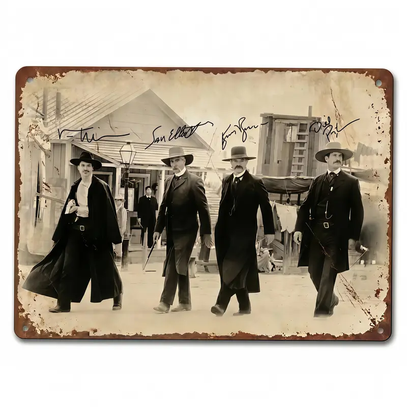 Artistic Vintage Sepia Tombstone Cowboy Crew Photo Printed Replica Signature Aluminium Tin Sign, Distressed Rustic Western Wall Plaque Collectibles for Man Cave Garage Decoration