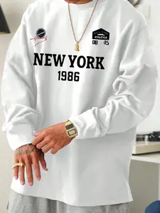 Men's Thin Long Sleeve Fitted T-Shirt, Menswear Outerwear & Layering Top, New York 1986 Vintage Graphic Print, Casual Streetwear Knit Shirt, Soft Fabric, Perfect Gift